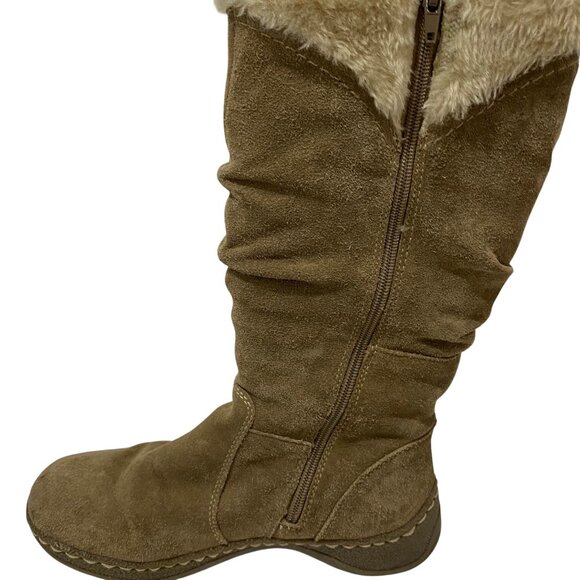 Bear Traps Stay Dry Suede Mid-Calf Tan Boots With Faux Fur Trim Button Accents - Picture 7 of 11
